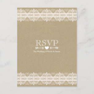 Brown Paper & Lace Natural Rustic Wedding RSVP Invitation Postcard