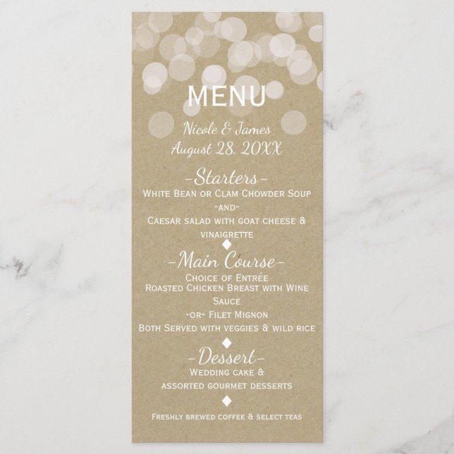 Brown Paper Simple Rustic Lights Wedding Menu (Front)