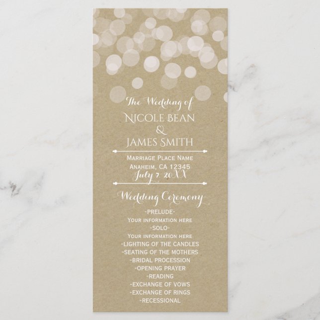 Brown Paper Simple Rustic Lights Wedding Program (Front)