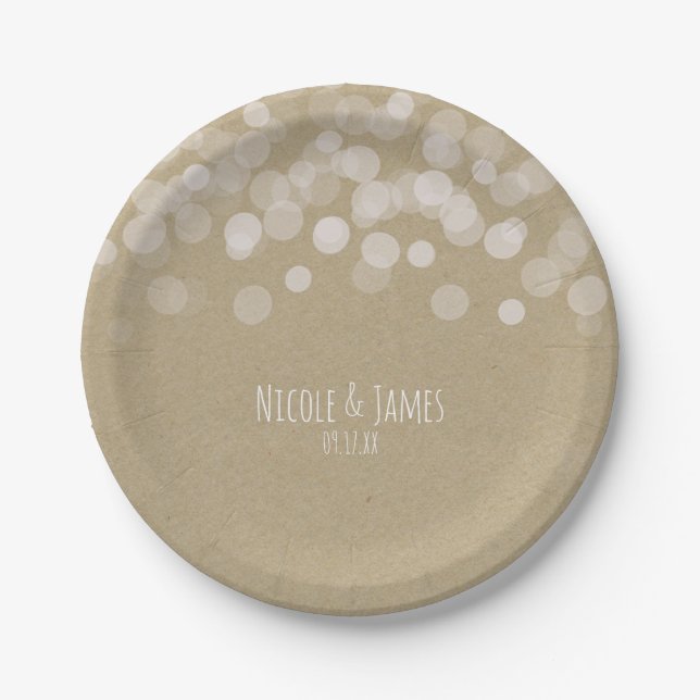 Brown Paper Simple Rustic White Lights Wedding Plate (Front)