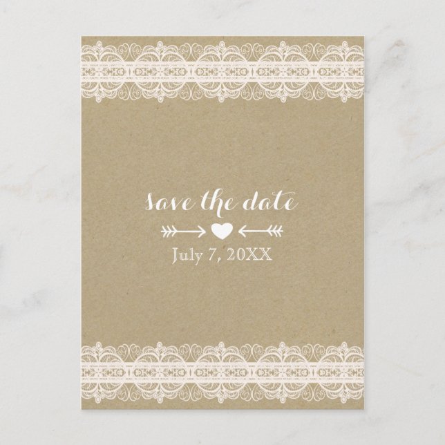 Brown Paper & White Lace Rustic Save The Date Announcement Postcard (Front)