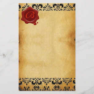BROWN PARCHMENT DAMASK , RED WAX SEAL MONOGRAM STATIONERY