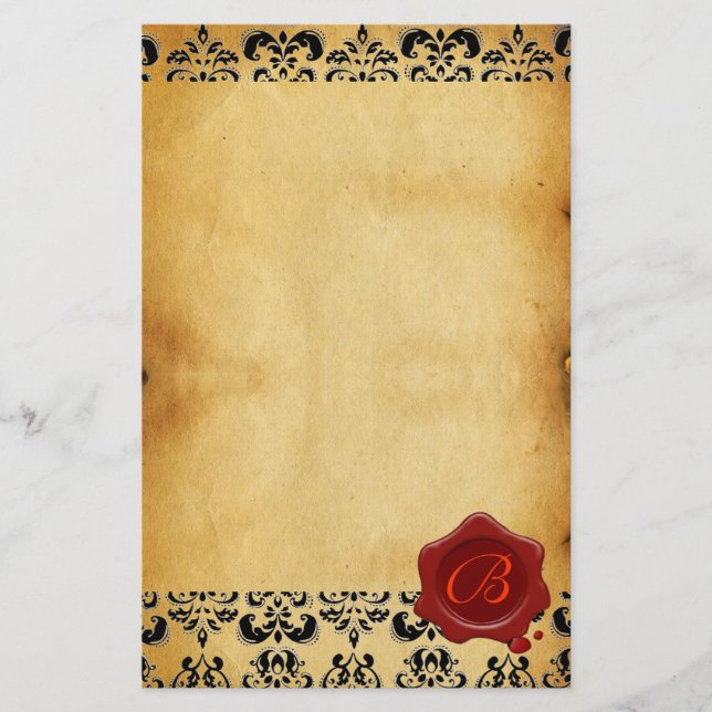 BROWN PARCHMENT DAMASK , RED WAX SEAL MONOGRAM STATIONERY (Front)
