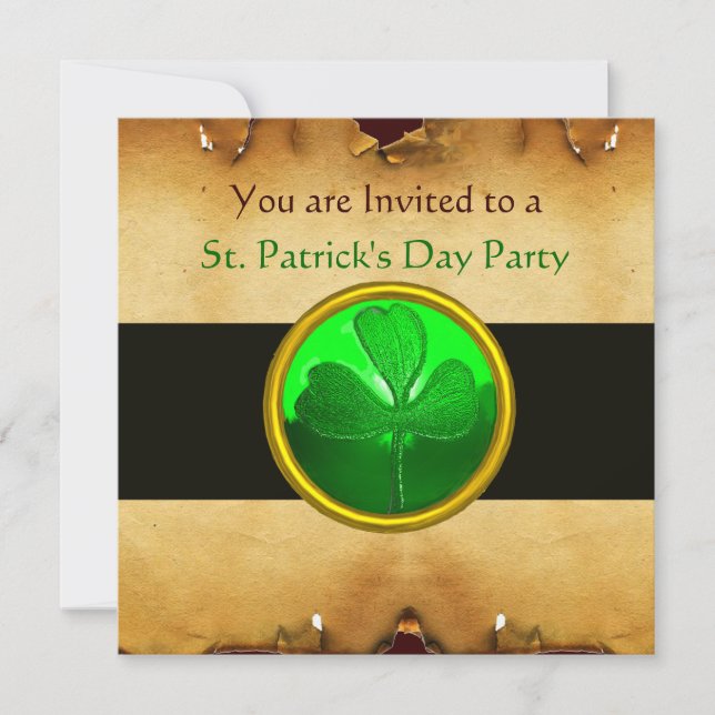 BROWN  PARCHMENT & GREEN SHAMROCK JEWEL ,black Invitation (Front)