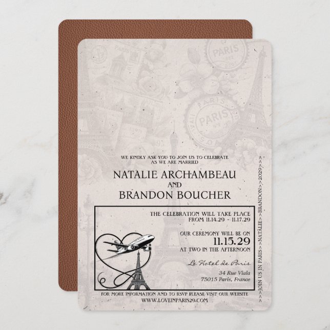 Brown Paris Passport Wedding Invitation (Front/Back)