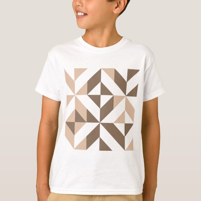 Brown Patchwork Geometric Deco Cube Pattern T-Shirt (Front)