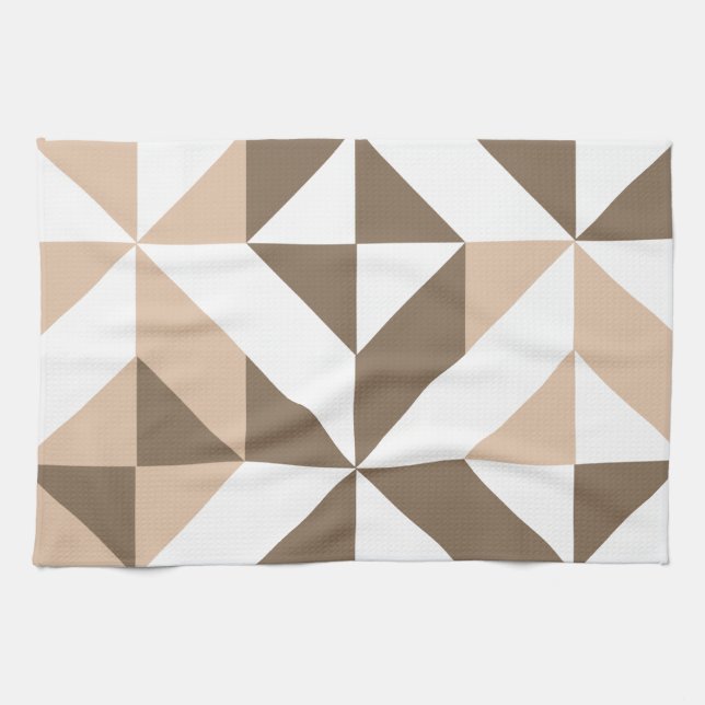 Brown Patchwork Geometric Deco Cube Pattern Tea Towel (Horizontal)