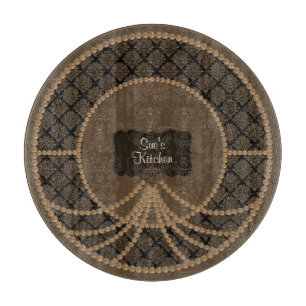 Brown Pearl Damask-Round Glass Cutting Board