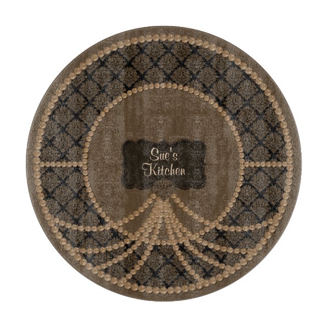 Brown Pearl Damask-Round Glass Cutting Board (Front)