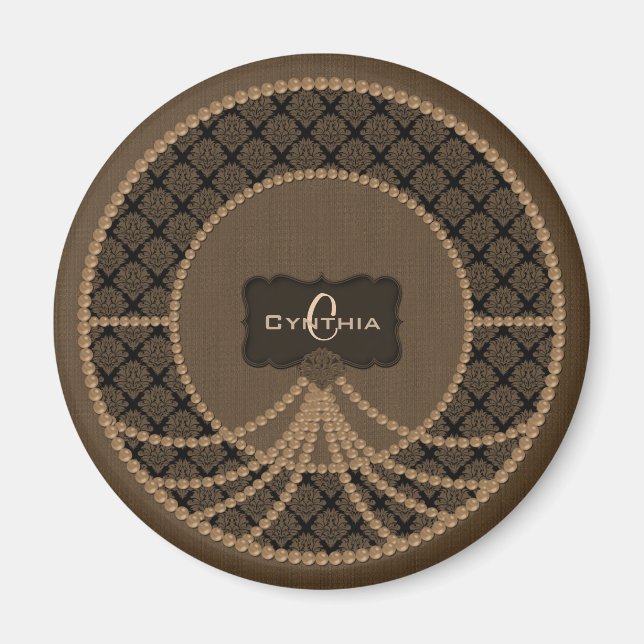 Brown Pearl Damask-Round Magnet (Front)