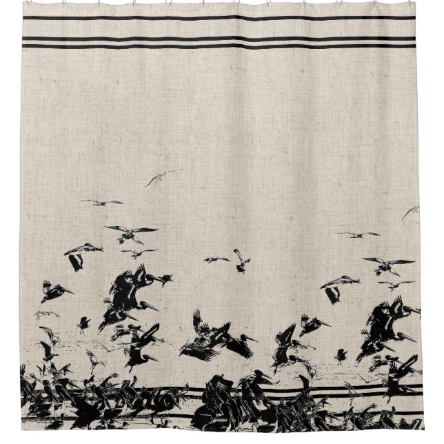 Brown Pelican Birds Wildlife Faux Linen Stripes Shower Curtain (Front)