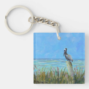 Brown Pelican on a Piling Coastal Art Key Ring