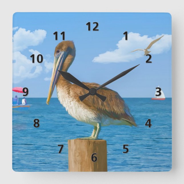 Brown Pelican on Post Square Wall Clock (Front)