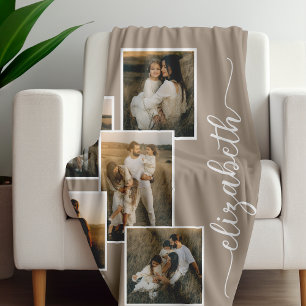 Brown Personalised With Name 5 Photo Collage  Fleece Blanket