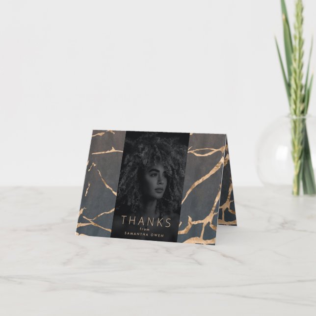 brown photo marble modern foil Grad Thank You Card (Front)