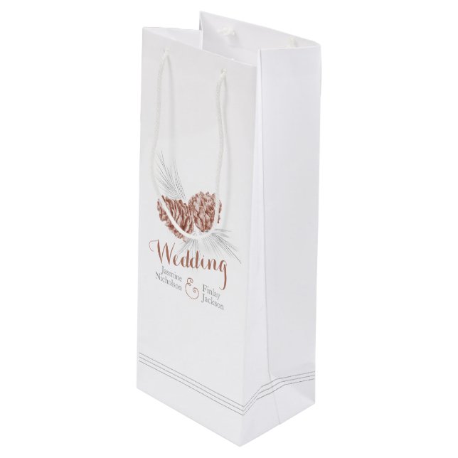 Brown pine cone wedding favour bottle gift bag (Front Angled)