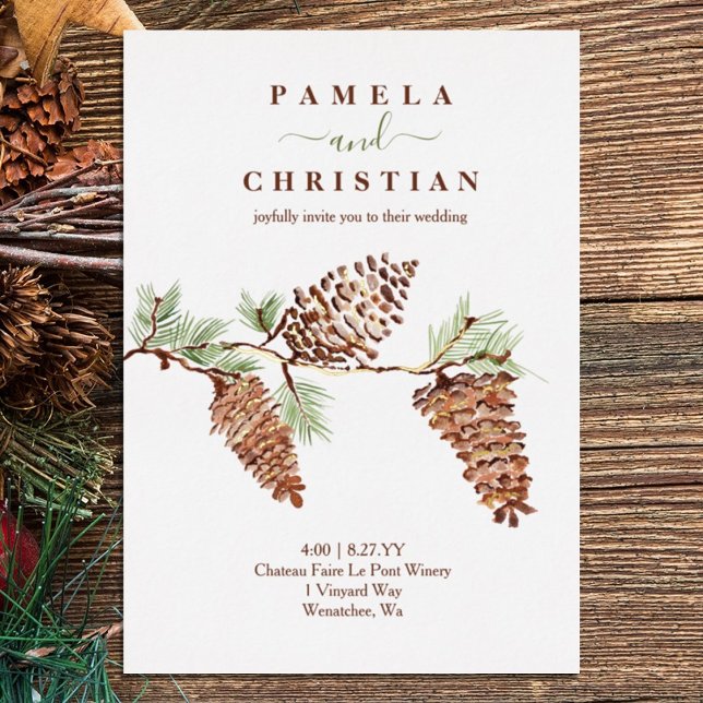 Brown Pinecones, Green Pine Needles Wedding Foil I (rustic brown pink dusty terracotta winter wedding invitation watercolor pinecones pine needles plant)