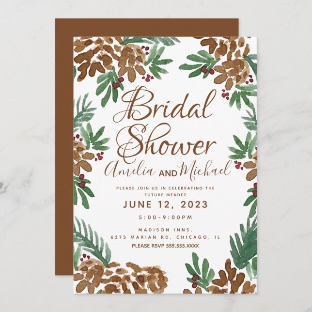 Brown Pinecones Watercolor Greenery Bridal Shower Invitation (Front/Back)