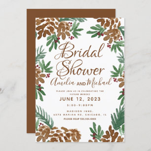 Brown Pinecones Watercolor Greenery Bridal Shower Invitation