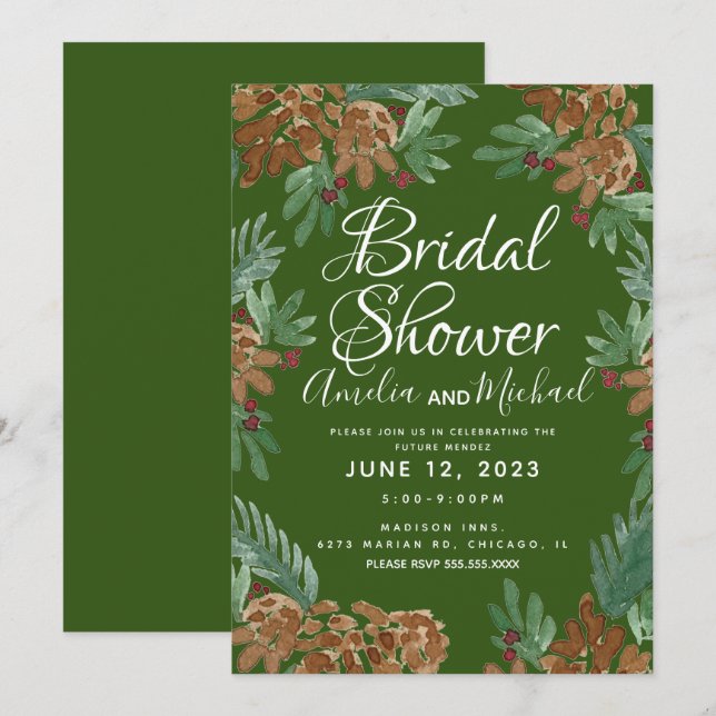 Brown Pinecones Watercolor Greenery Bridal Shower Invitation (Front/Back)