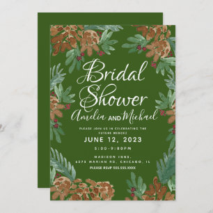Brown Pinecones Watercolor Greenery Bridal Shower Invitation