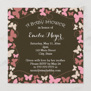 Brown Pink Butterflies Baby Shower Invitation