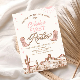 Brown Pink Cowgirls Boots First Rodeo 1st Birthday Invitation