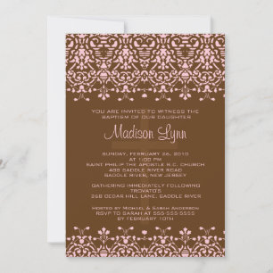 Brown & Pink Damask Baptism Invitation