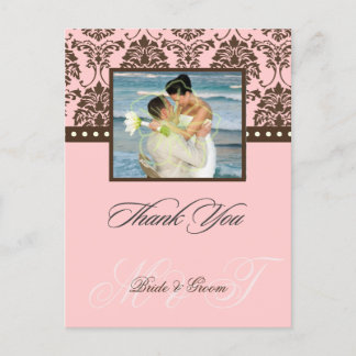 Brown + Pink Damask Thank You Photo postcards, Postcard