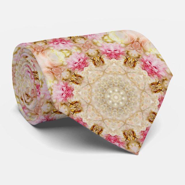 Brown, Pink, Ecru Mandala Pattern Tie (Rolled)