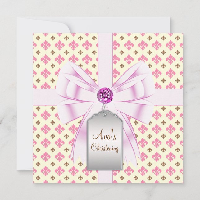 Brown Pink Fleur de Lis Baby Christening Invitation (Front)