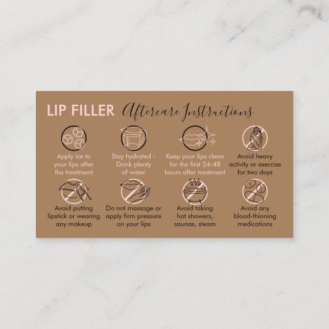 Brown Pink Lip Filler Aftercare Instructions Business Card (Back)
