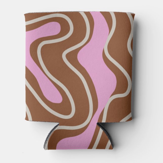 Brown Pink Marble Boho Groovy Liquid Swirl Pattern Can Cooler (Front)