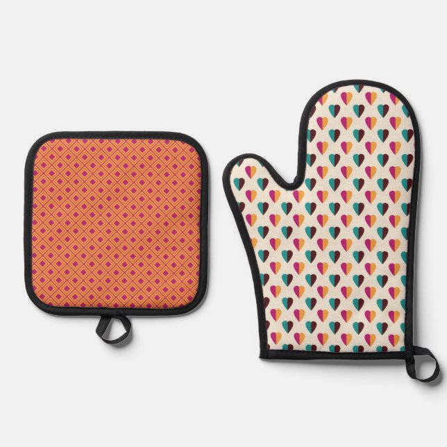 BROWN PINK ORANGE TURQUOISE GEOMETRIC PATTERN OVEN MITT & POT HOLDER SET (Front)
