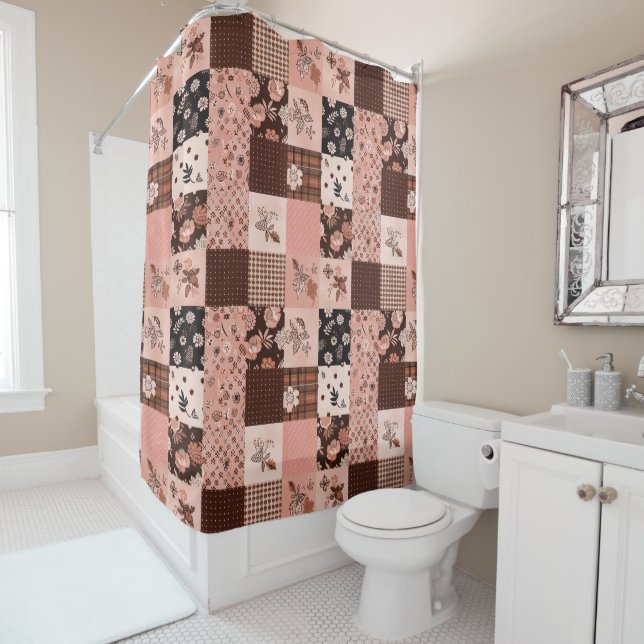 Brown Pink Patchwork Quilt Floral Retro  Shower Curtain (In Situ)