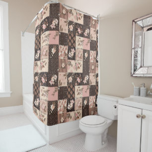 Brown Pink Patchwork Quilt Floral Retro  Shower Curtain
