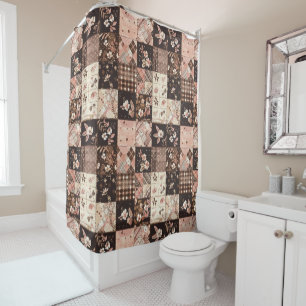 Brown Pink Patchwork Quilt Floral Retro  Shower Curtain