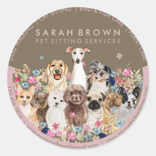 Brown Pink Pet Sitting Boutique Floral Dogs Classic Round Sticker