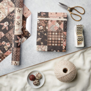 Brown Pink Quilt Gingham Cottagecore Floral Wrapping Paper