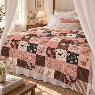 Brown Pink Quilt Patchwork Gingham Cottagecore Fleece Blanket
