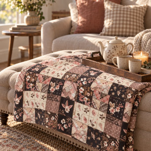 Brown Pink Quilt Patchwork Gingham Cottagecore Fleece Blanket