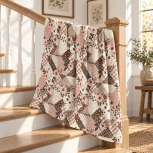 Brown Pink Quilt Patchwork Gingham Cottagecore Fleece Blanket