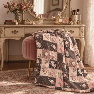 Brown Pink Quilt Patchwork Gingham Cottagecore Fleece Blanket