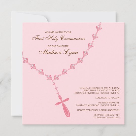 Brown Pink Rosary First Holy Communion Invitation | Zazzle.com.au