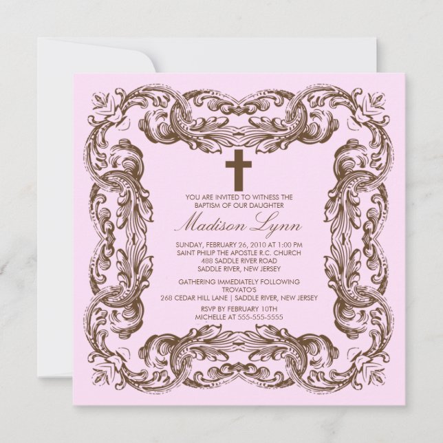 Brown & Pink Vintage Frame Baptism Invitation (Front)
