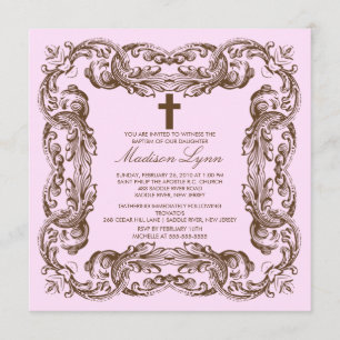 Brown & Pink Vintage Frame Baptism Invitation