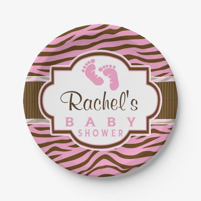 Brown, Pink Zebra Stripes Animal Print Baby Shower Paper Plate (Front)