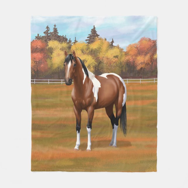 Brown Pinto Bay Paint Horse in Autumn Pasture Fleece Blanket (Front)