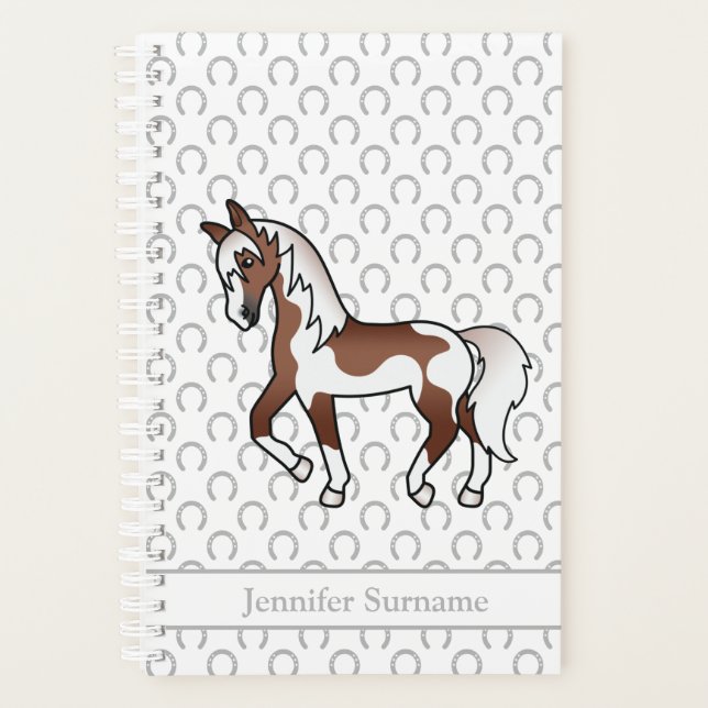 Brown Pinto Cartoon Trotting Horse & Custom Text Planner (Front)