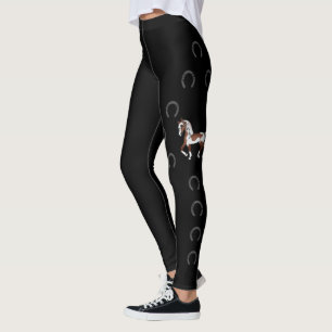 Brown Pinto Cartoon Trotting Horse & Horseshoes Leggings